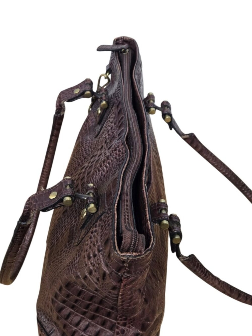 Etienne Aigner Croc Embossed Leather Double Handle Shoulder Bag Dark Brown - Picture 4 of 11